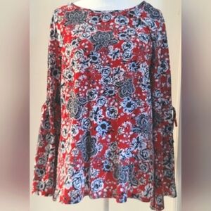 NWOT...DG2 Floral Blouse w/Bell Sleeves, Adjustable Tie Womens Large